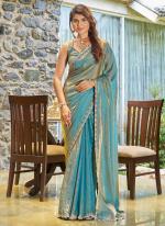 Sattin Silk Sky Blue Wedding Wear Hand Work Saree